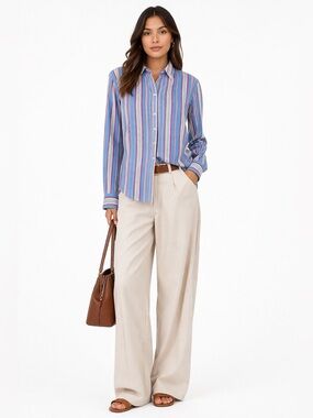 Lauren Ralph Lauren Blue Multicolor Stripe Button Front Shirt Classic Tailored m